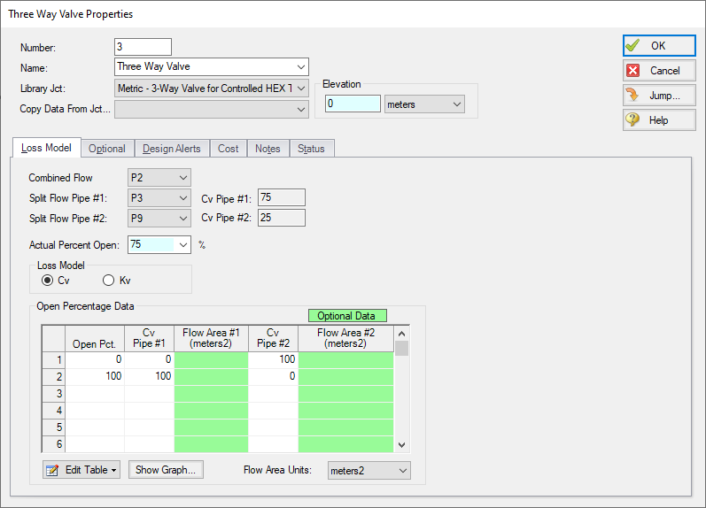 The Three-Way Valve Properties window with 3-Way Valve for Controlled HEX Temp (Metric) selected for the Library List.